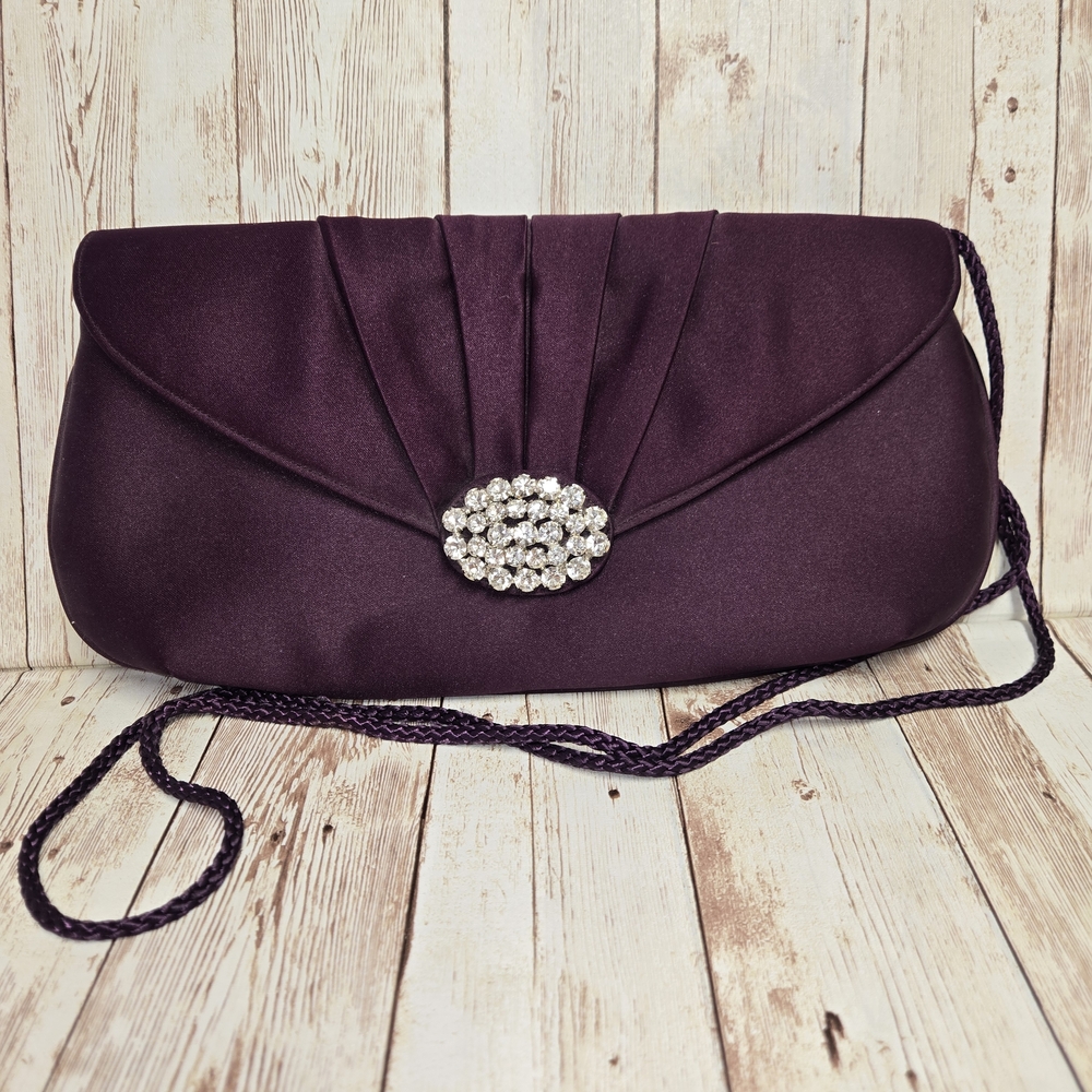 Eggplant Purple Evening Bag Satin Rope Handles Vintage Formal Purse w/ Mirror